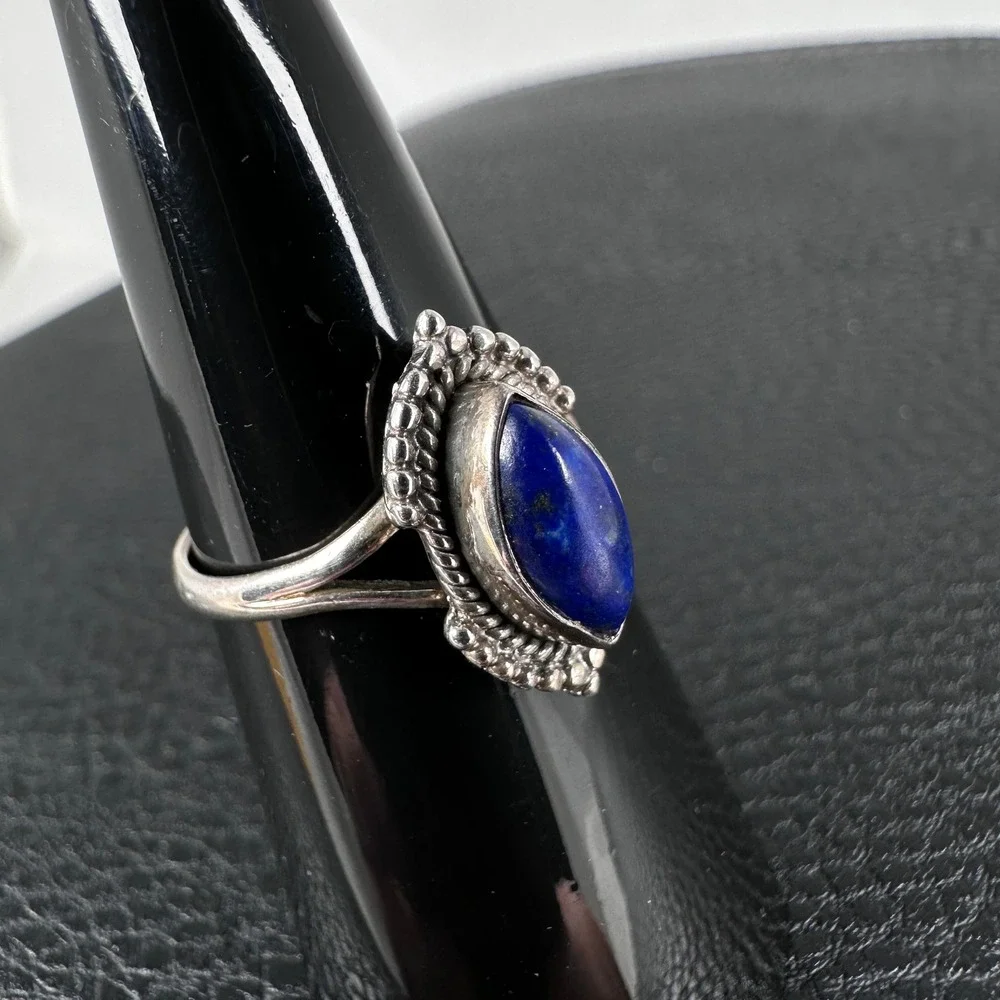 925 Sterling Lapis Lazuli‎ Marquise Cabochon Ring 6.5 Vintage Boho Southwestern